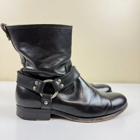 Frye Harness Black Leather Short Ankle Boots - Picture 3 of 12